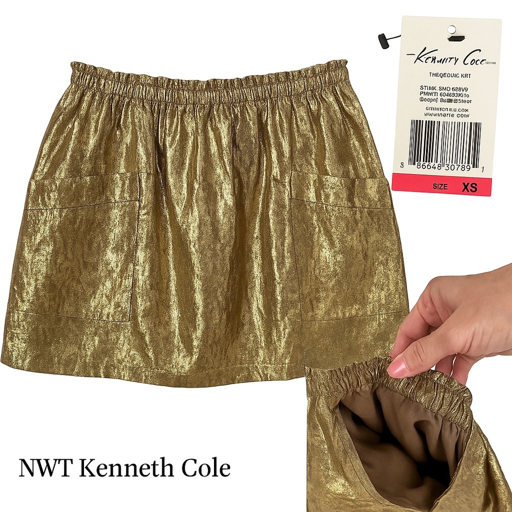 NWT Kenneth Cole New York Gold Lamé Foil Mini Skirt with Pockets Women’s Size XS